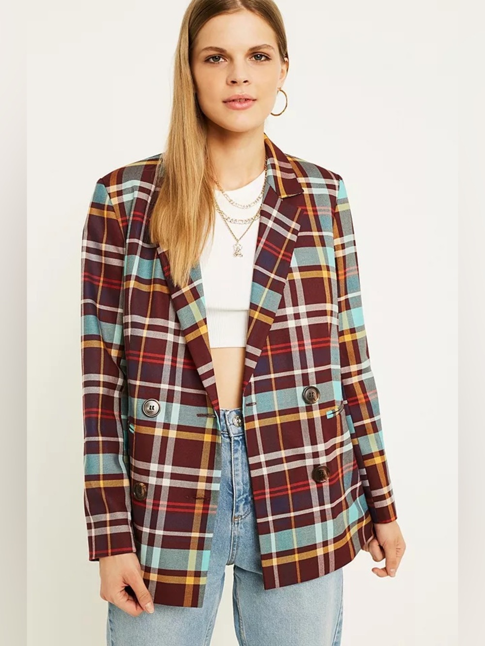 Urban Outfitters Maroon Check Plaid Double Breasted Blazer XS